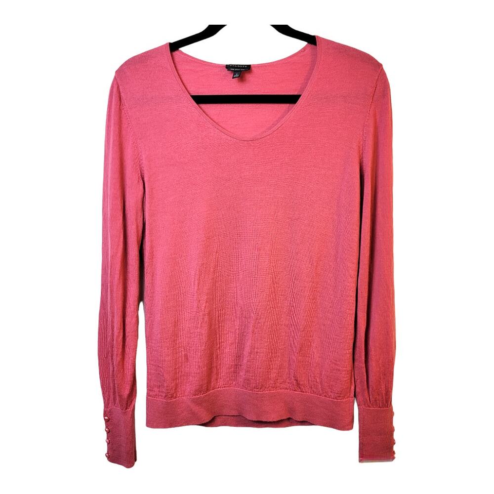 Talbots Sweater Women's S Pink Merino Wool V Neck Button Accent Classic Career